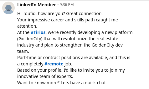 Figure 2:  First LinkedIn message received from the fake employer