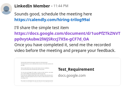 Figure 5: calendly.com invite to schedule an interview and Google Docs link with the take home test description
