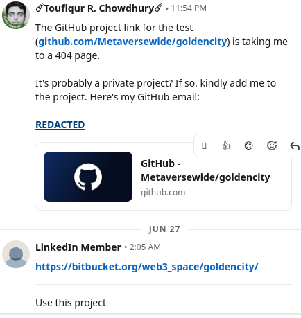 Figure 7: After mentioning the dead GitHub repo URL fake employer provided a BitBucket repo URL