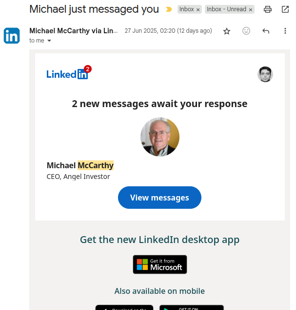 Figure 1: Linkedin email notifying new message received from the fake employer, Michael McCarthy
