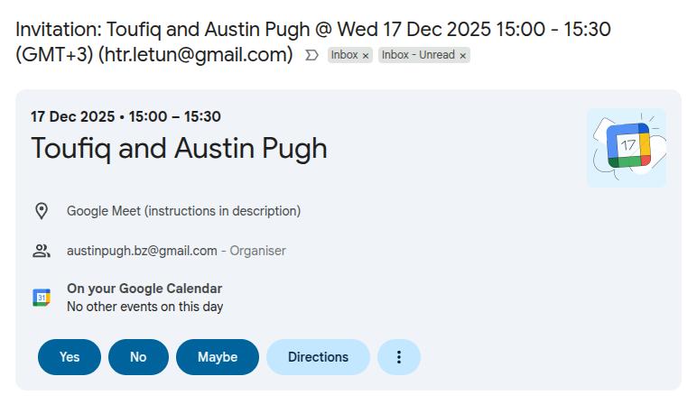 Figure 4: Email with calendar event with a Google Meet invitation link