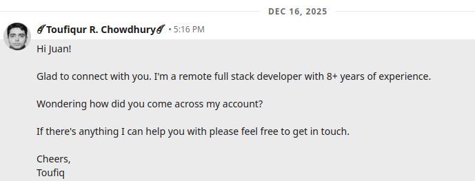 Figure 1: Intro message I sent to the fake employer