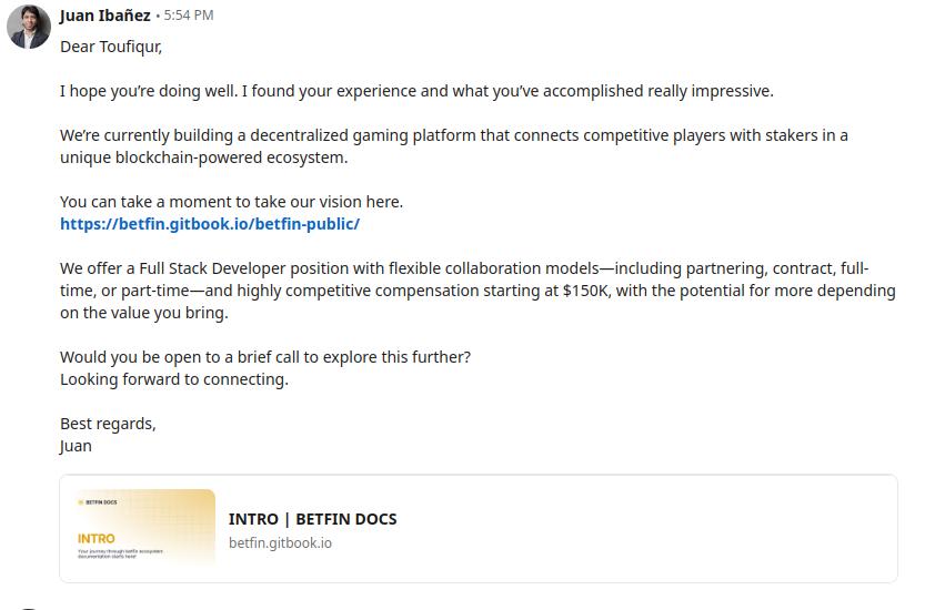 Figure 2: First message from the fake employer, Juan Ibañez