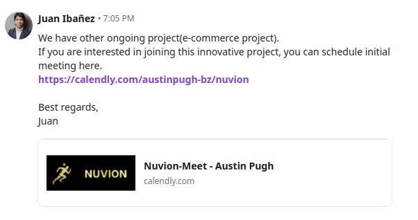 Figure 3: Linkedin message from fake employer with Calendly.com invite link.
