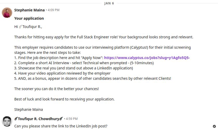 Figure 13: First LinkedIn message from an unrelated account