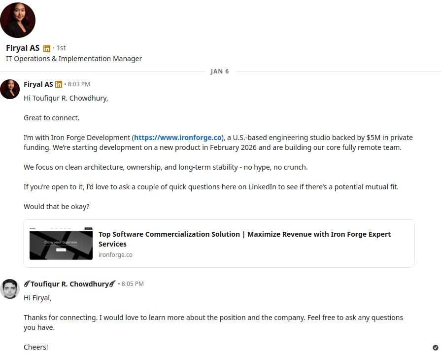 Figure 8: First message from Firyal AS, the fake recruiter