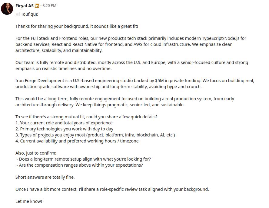 Figure 10: LinkedIn message with brief about the role and typical recruiter questions.