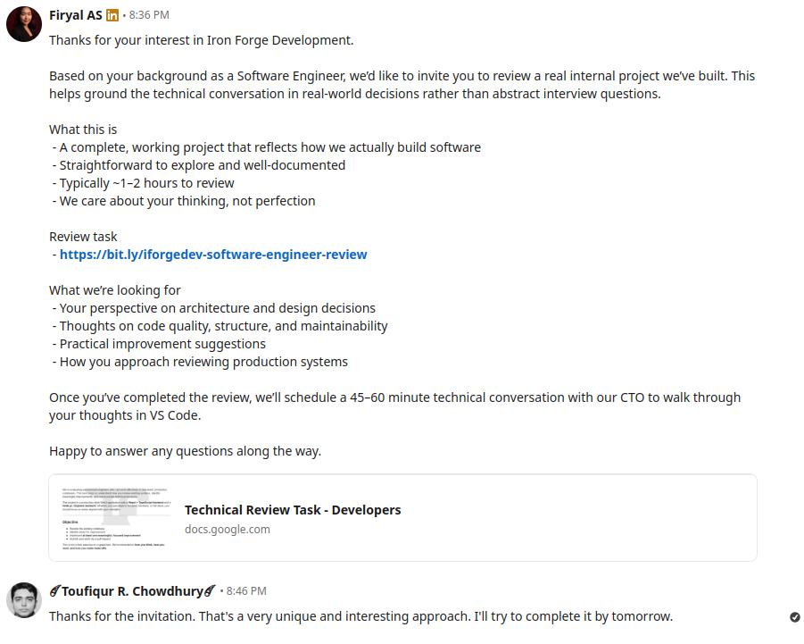 Figure 11: LinkedIn message with Google Docs link of the task details and invitation for interview after submission.
