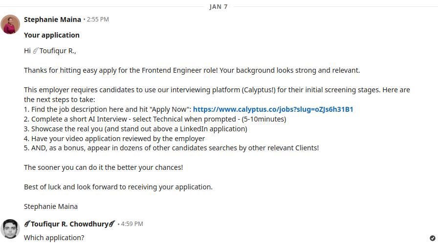 Figure 14: Second LinkedIn message from an unrelated account