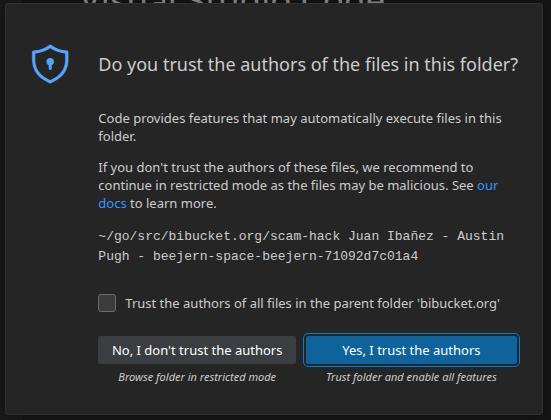 Figure 6: VSCode prompt whether to trust the project or open in restricted mode