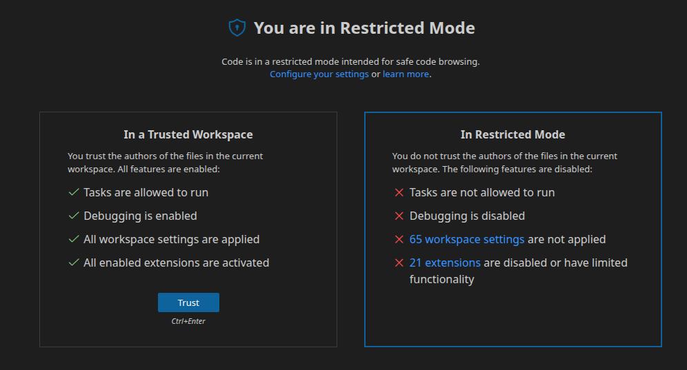 Figure 7: VSCode restricted mode vs trusted mode